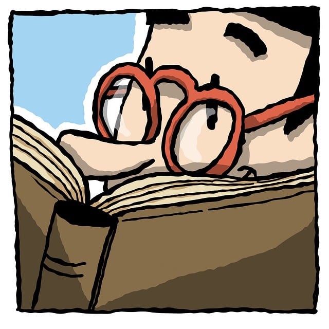 Clipart of a man with red round glasses reading a book.